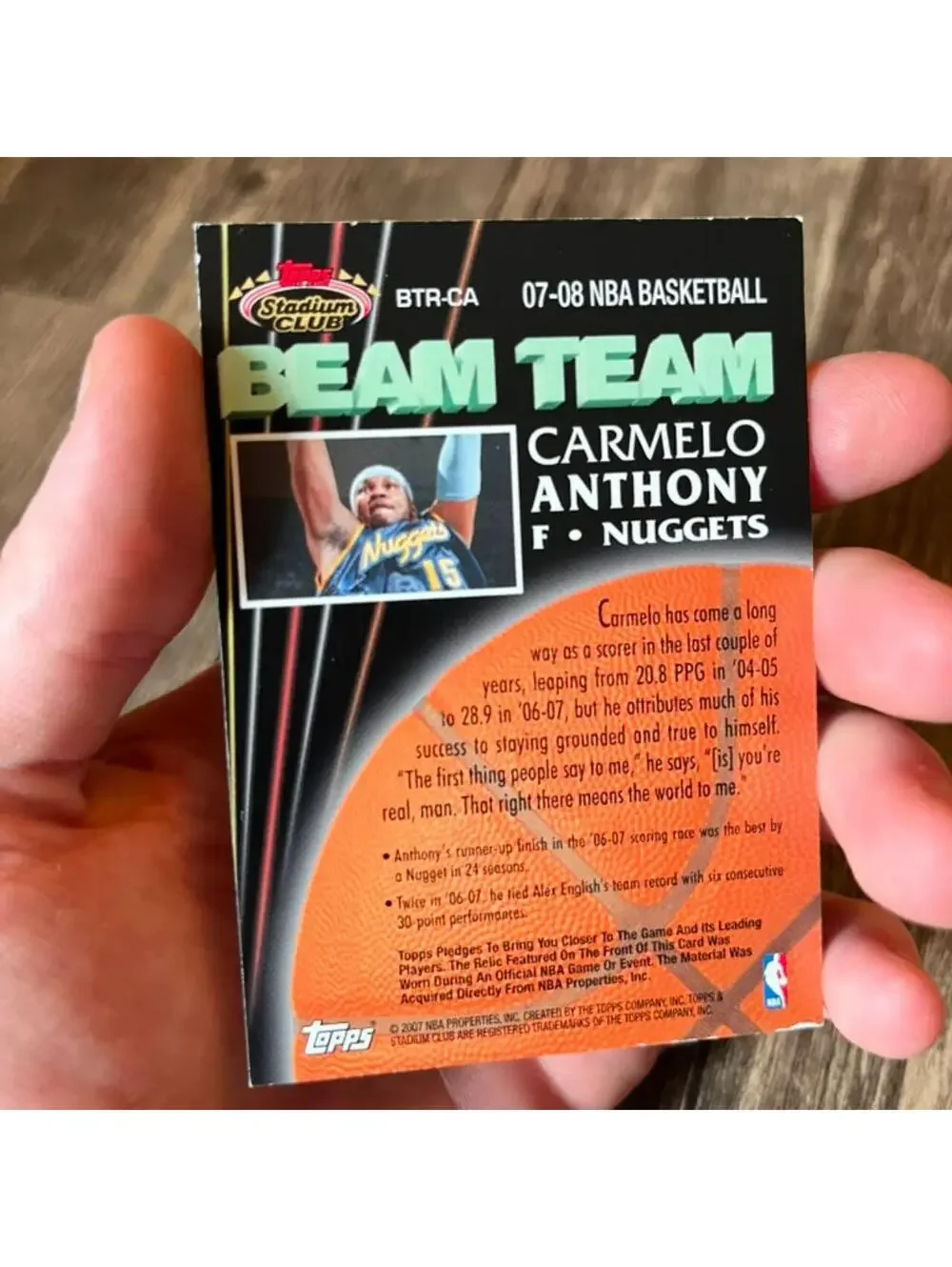 2007 Topps Carmelo Anthony Beam Team Patch Card Stadium Club